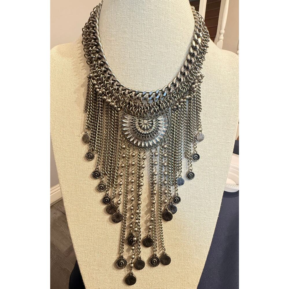 Vintage Runway Statement Necklace Silver Tone Fringe 17”